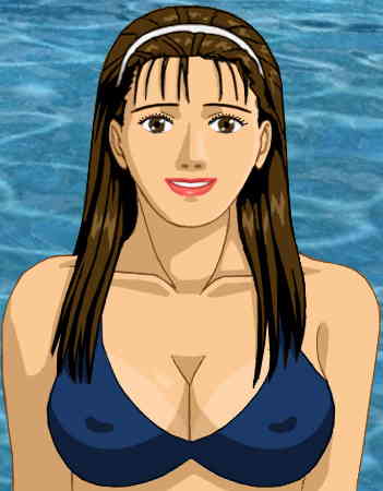 Katherine in a bikini, lower arms out of sight, with a strange look of concentration