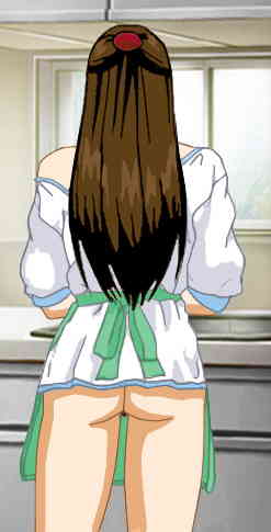 Susan in a blouse and apron, with bare butt and long hair down to her waist, standing cooking at the stove
