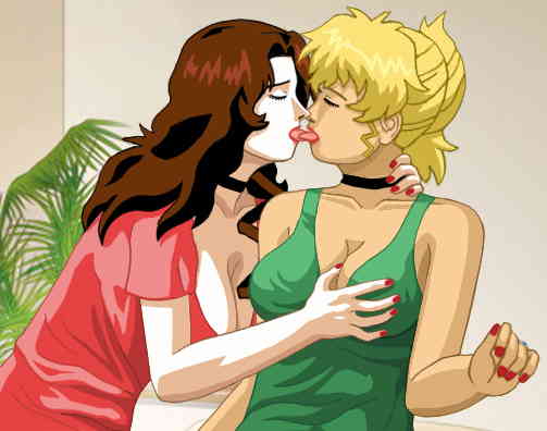 Suzanne in a red dress kissing Glory, who is in a green dress, while fondling her left breast and giving her tongue