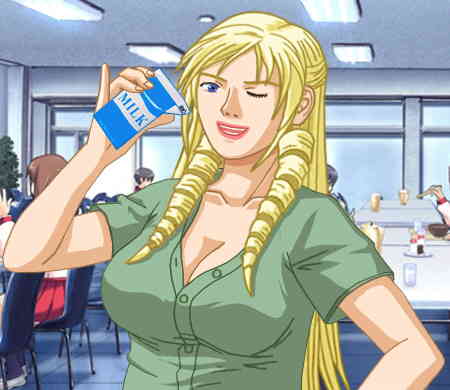 Christine in a green blouse with a milk carton in her right hand, winking at Alan