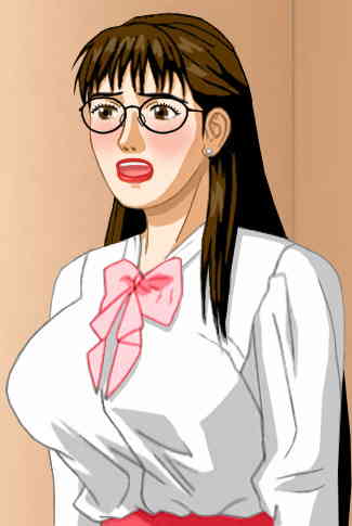 Susan in proper blouse and glasses, looking shocked