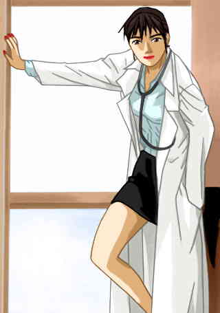 Akami standing in a doorway, wearing a white blouse, a short dark skirt, a lab coat and a stethoscope