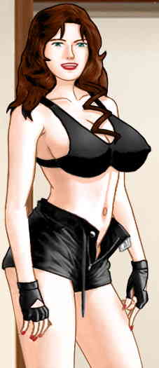 Suzanne in unbuttoned tight black leather shorts, a black spandex top with a push-up bra, and gloves that cover her wrists but not her fingertips
