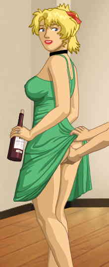 Glory in her green dress, holding a bottle of wine while Alan lifts her dress from behind and fondles her bare ass