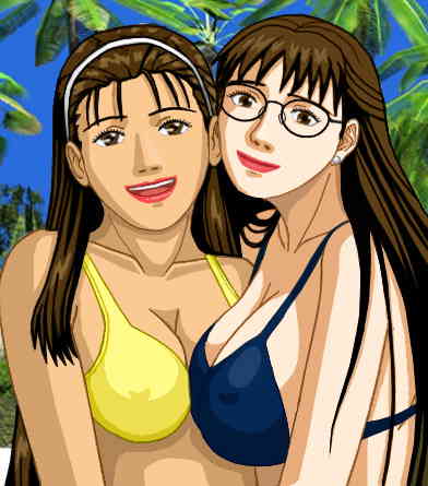 Kat in a yellow bikini top and Susan in a blue one, pressing together and smiling