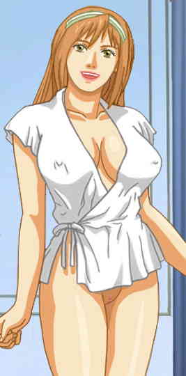 Amy in a robe that is open at the neck to show her cleavage and ample bosom, so short that it also shows her shaved puss