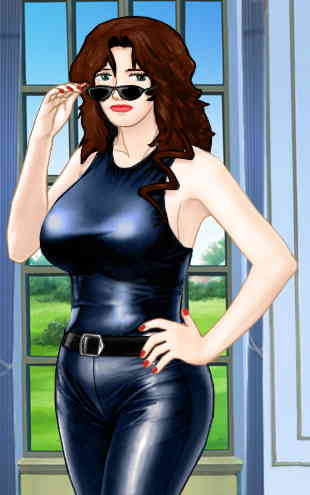 Suzanne standing in a house before a window, in a mouthwatering, skin-tight blue-black leather outfit, removing sunglasses from her eyes