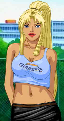 Heather in a Chargers tank top