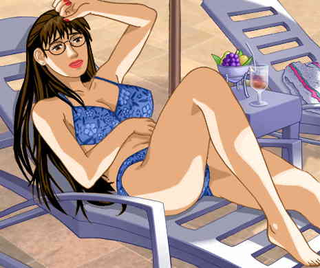 Susan in a flowery bikini, reclining on a lounge chair near the pool, with some fruit and a glass of water on a nearby table