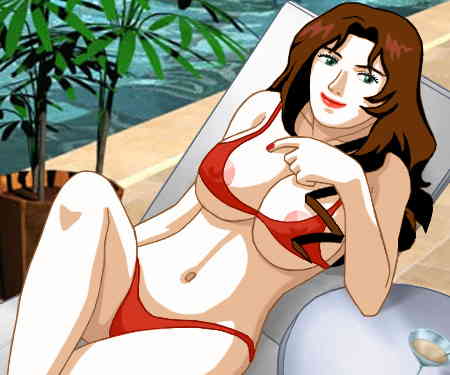 Suzanne lying on a poolside lounge chair, wearing a skimpy bikini