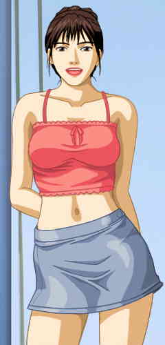 Akami in a brief tank top and shorts, showing a bare midriff