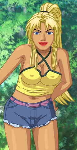 Heather in a brief, form-hugging yellow top, very short cutoff shorts, and bare midriff, leaning forward