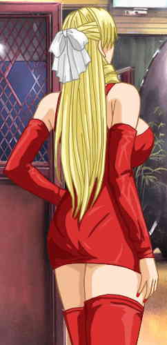 Christine with her back to the viewer, in red thigh-high stockings, a red miniskirt that covers only the bottom of her boobs, and red arm coverings that extend from wrist to upper arms