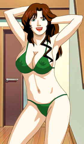 Suzanne in a dark green bikini that complements her hair color