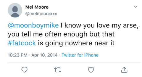 @melmoorexxx:- @moonboymike I know you love my arse, you tell me often enough but that #fatcock is going nowhere near it