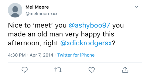 @melmoorexxx:- Nice to ‘meet’ you @ashyboo97 you made an old man very happy this afternoon, right @xdickrodgersx?