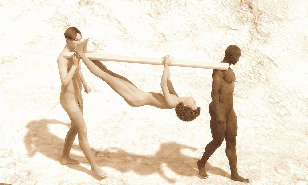 Two naked men carrying a wooden board with a naked woman tied to it with her arms and legs