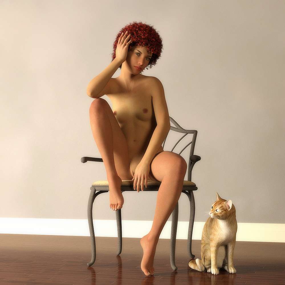 Woman naked on chair, cat on the floor