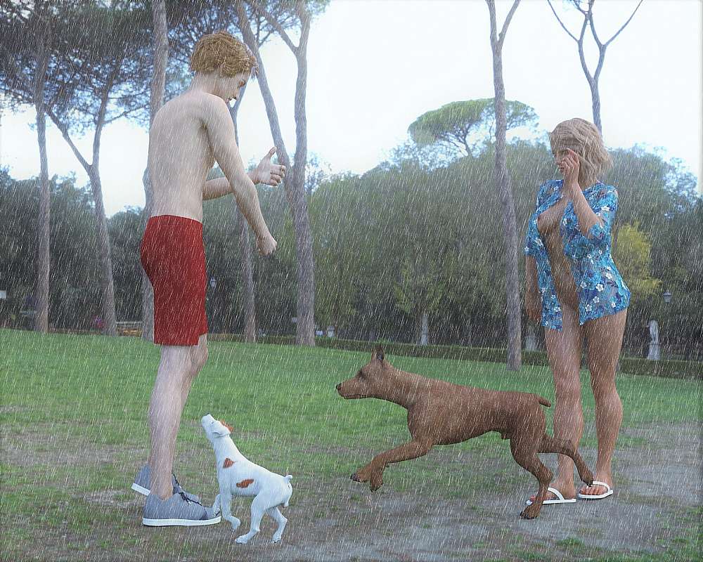 Guy and girl at dog park with two dogs