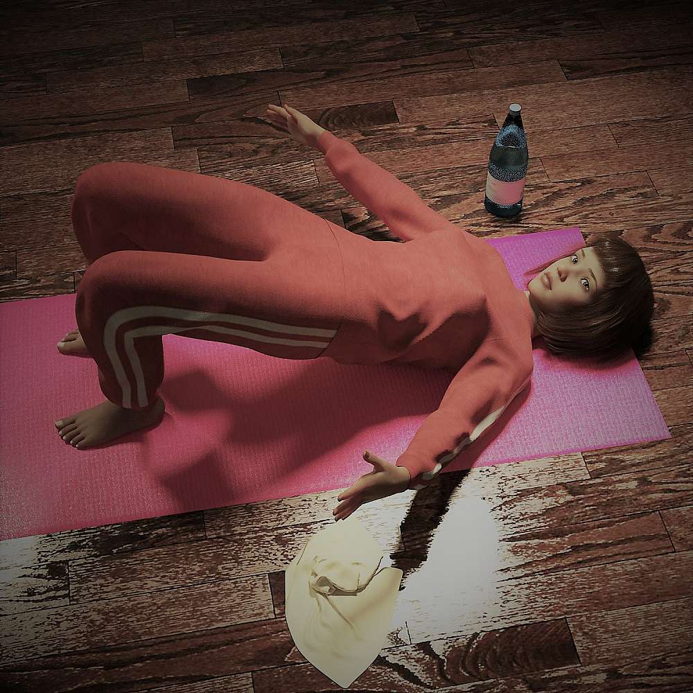woman, fully clothed, doing excersises on yoga mat