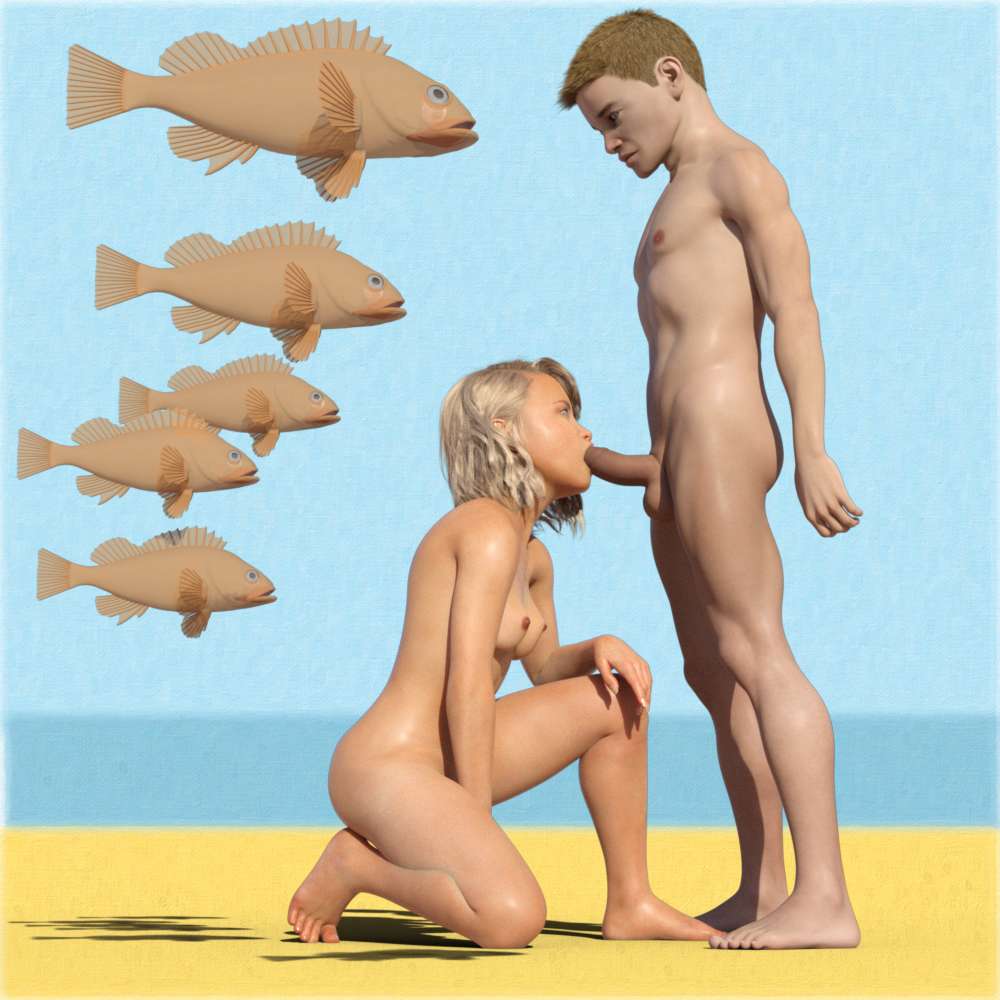 Naked woman on her knees blowing a naked guy seemingly under water with fish around