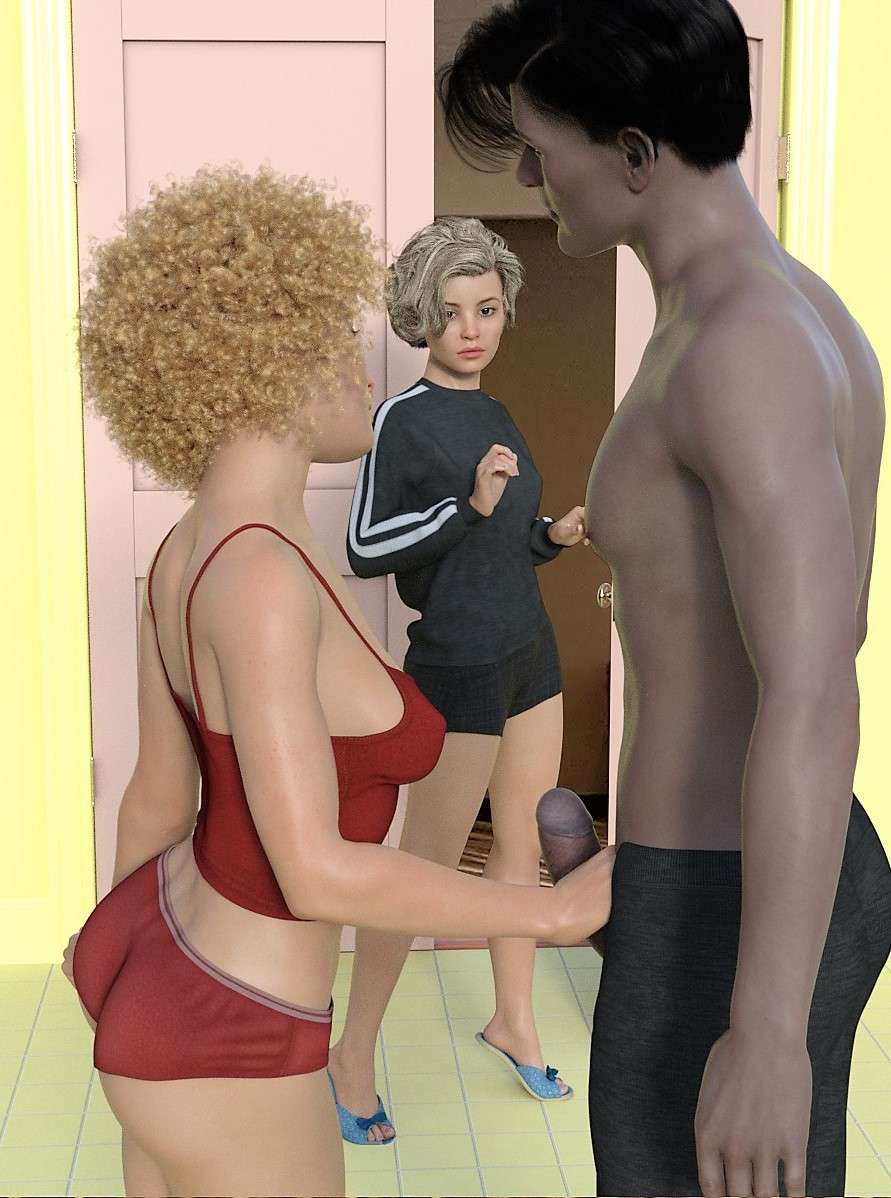 Woman holding man’s cock while another woman looks at them from a doorway