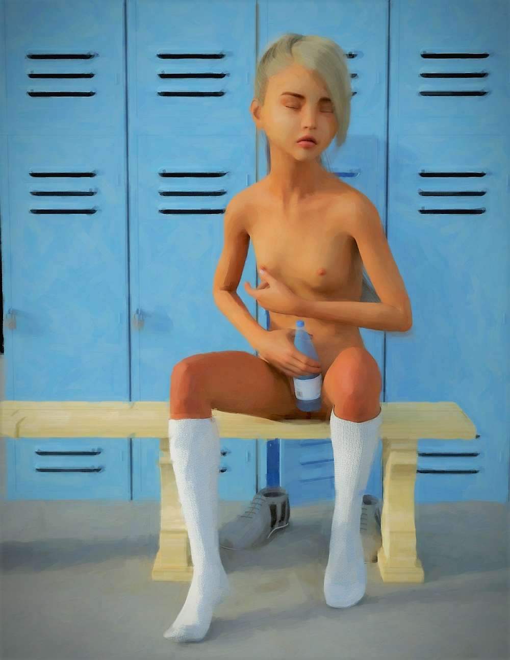 Topless girl in locker room