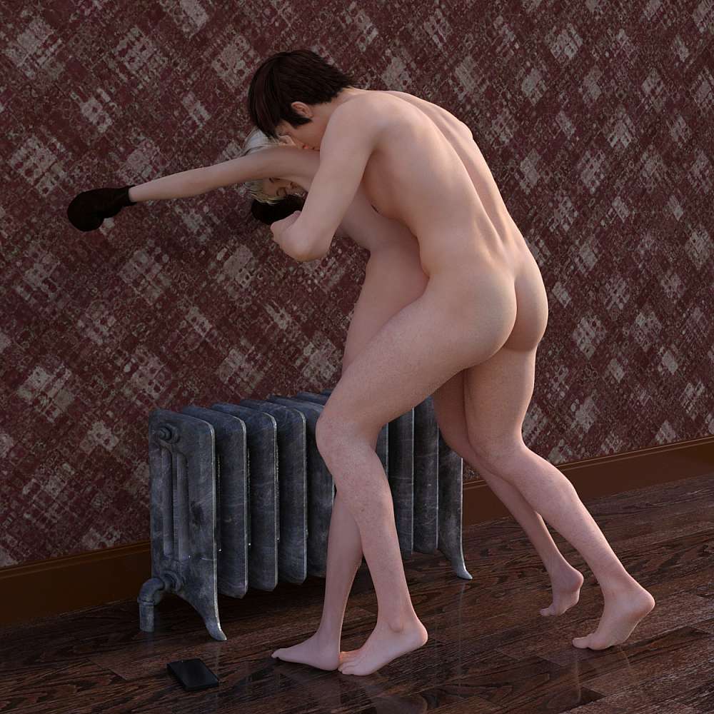 Naked man fucking naked woman from behind while she’s hunched over a heating radiator