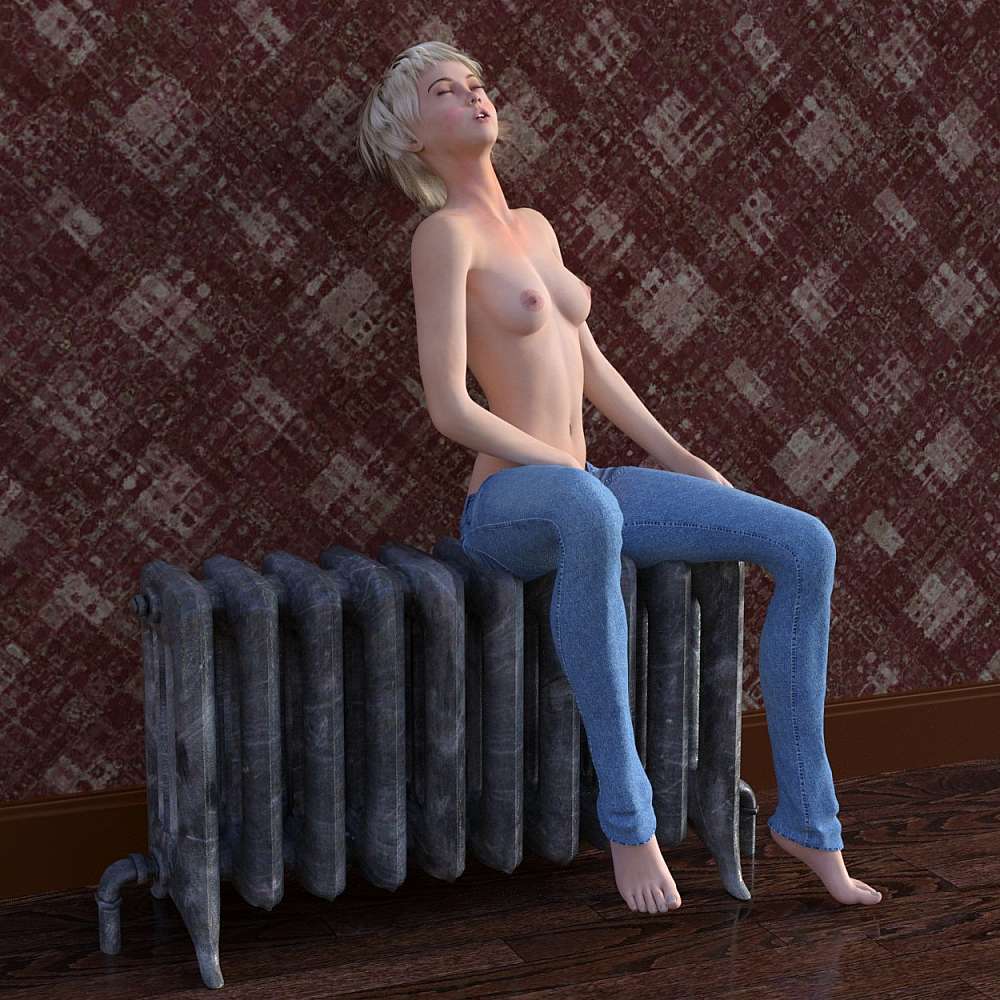 Topless woman setting on a heating radiator