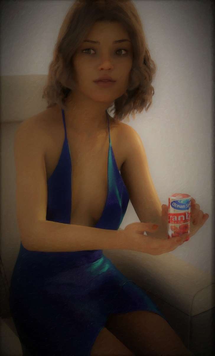 Woman in blue dress holding a can of juice