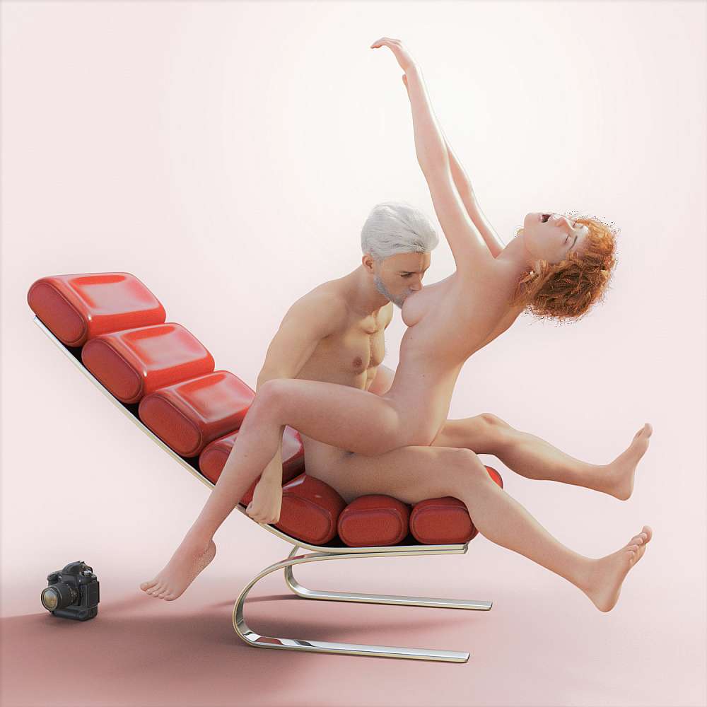 Naked girl riding an older guy on red chair