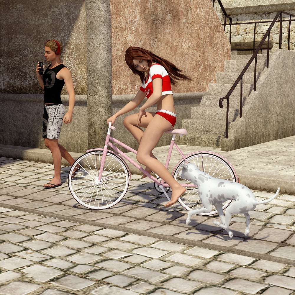 Woman on white bycicle dress in a white and red outfit, bikini shorts and crop top, looking at a white and grey dog following her