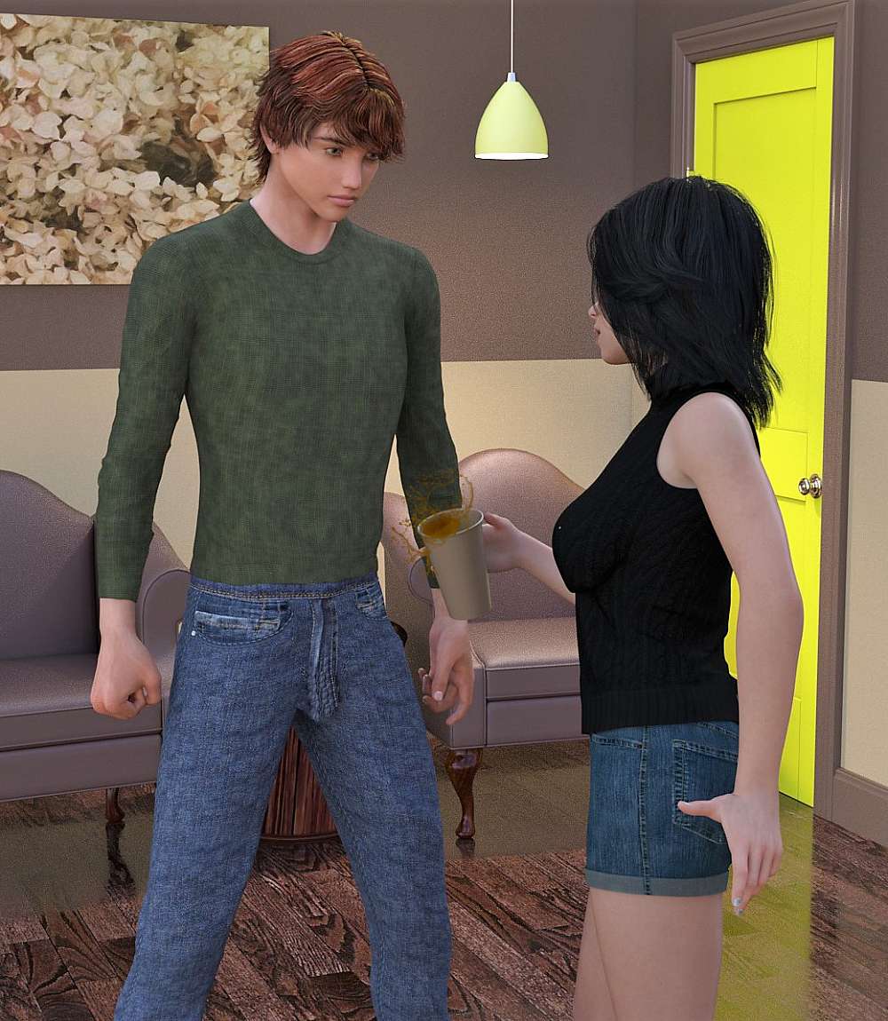Girl with coffee mug in hand in front of man