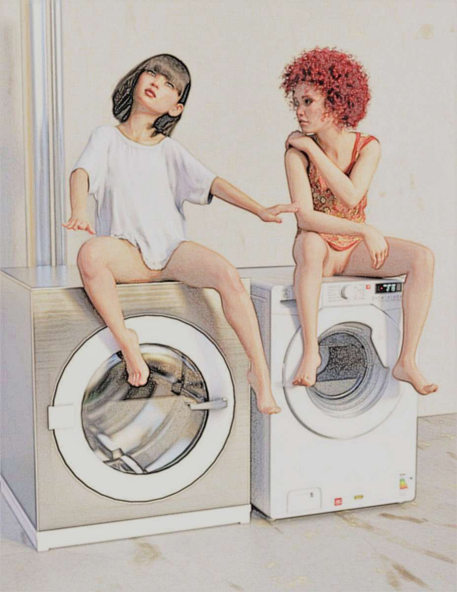 Two Bottomless girls one sitting on washing machine, the other sitting on the dryer next to it