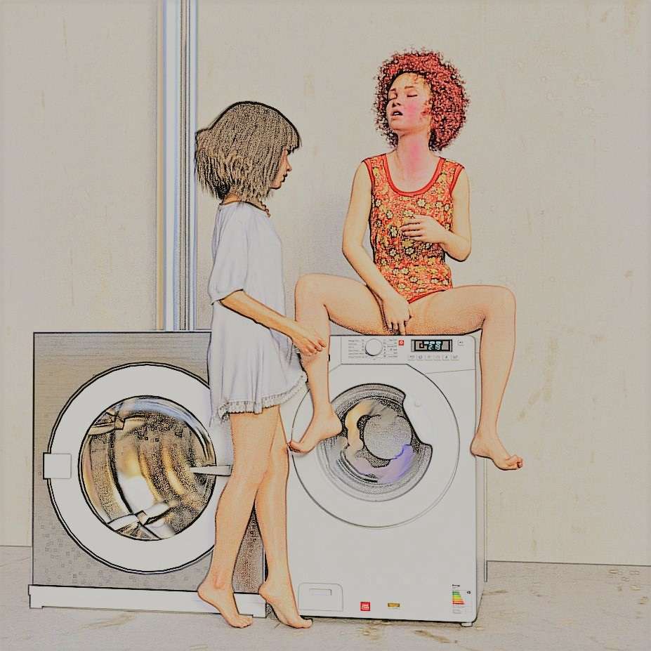 Girl sitting on washing machine, bottomless