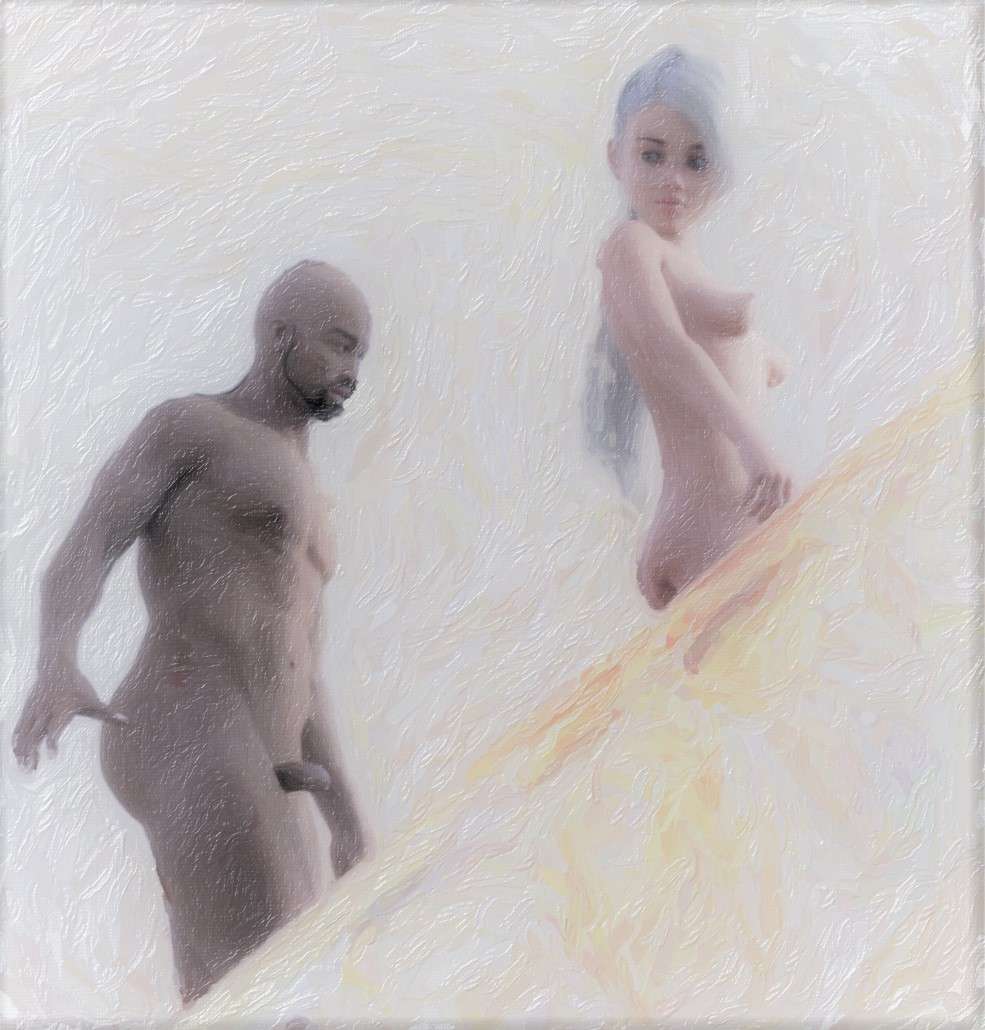 Naked black man walking behind a naked black woman