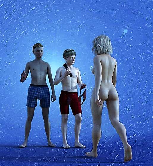 Naked woman talking to two men in bathing suits