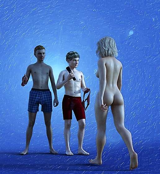 Naked woman talking to two men in bathing suits