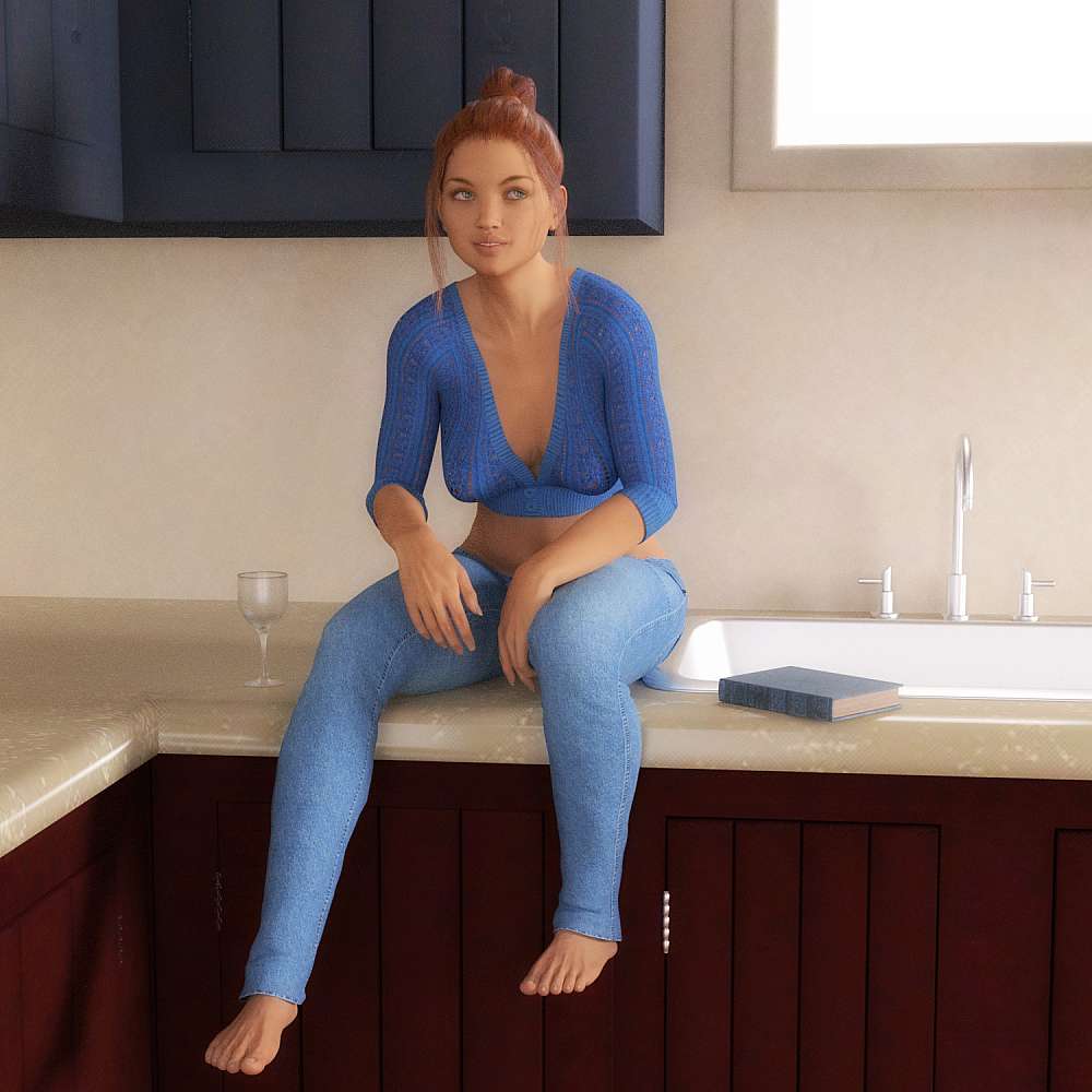 Blonde woman in blue jeans and blue top sitting on a kitchen counter-top