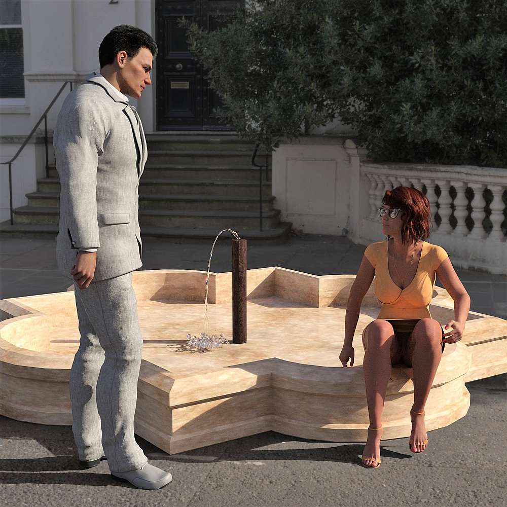 Man in suit standing next to a woman who is sitting at the edge of a fountain