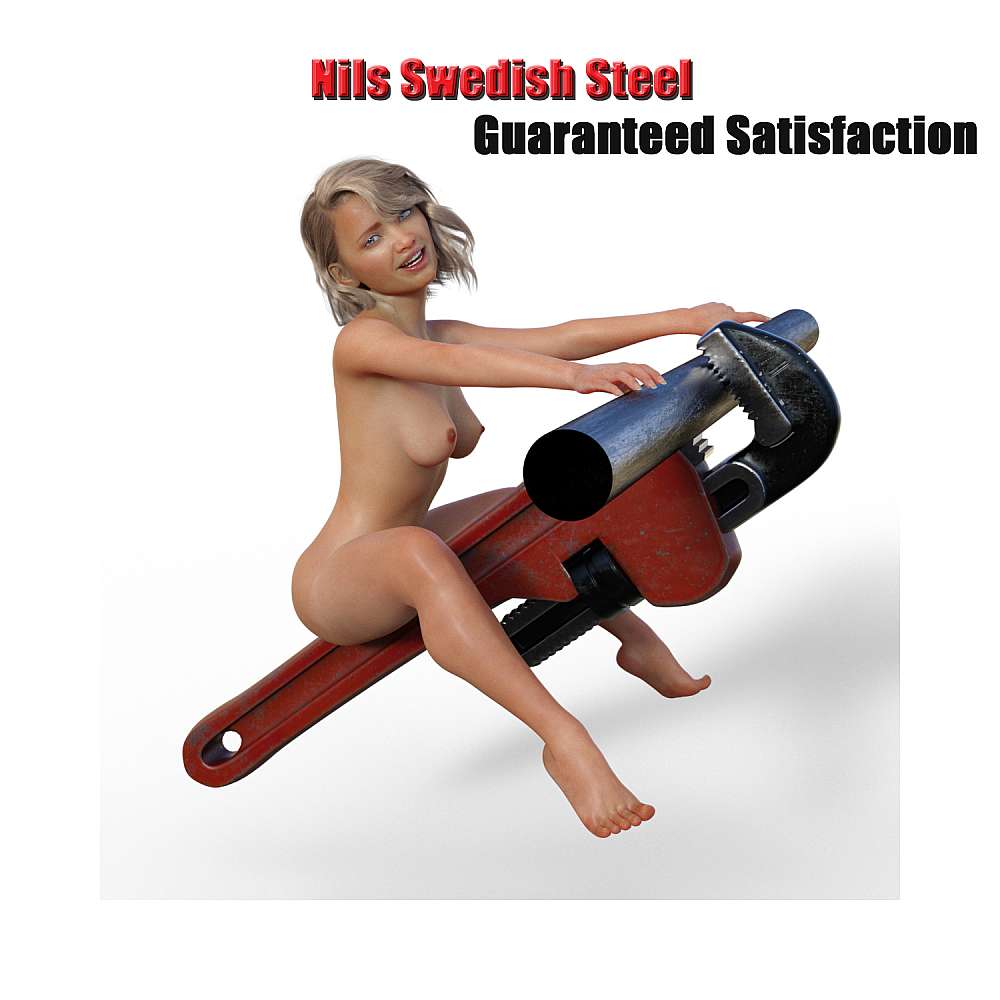 Naked woman riding a wrench that’s gripping a steel pipe