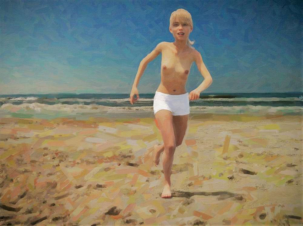 topless woman running on beach