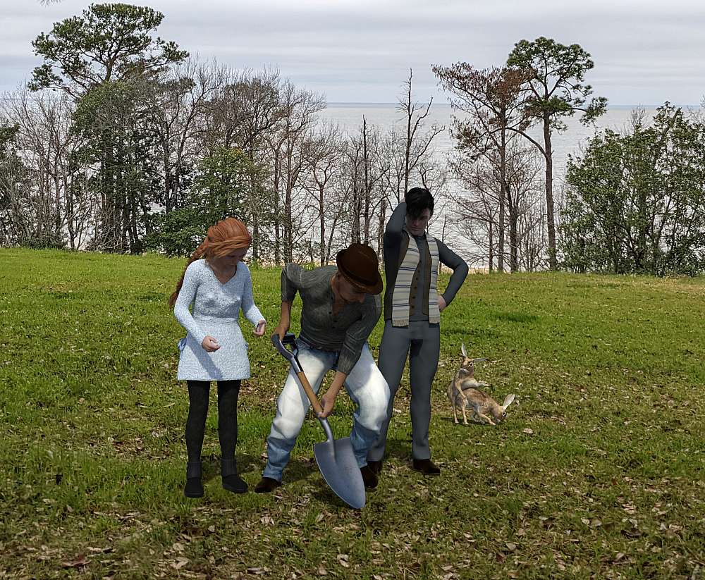 Two men and a woman in a park. One of them men has a shovel and is about to start digging