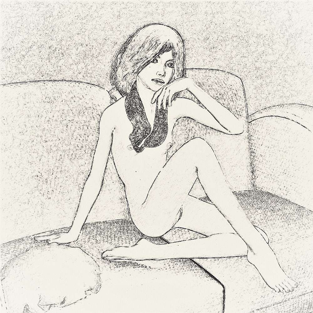 Charcoal drawing of girl in panties sitting on couch