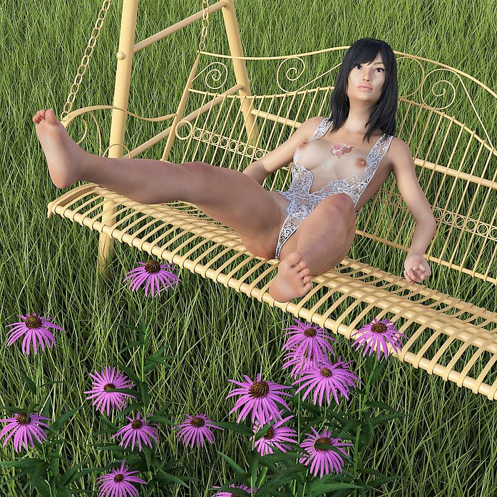 Woman in skimpy outfit, with tits showing, sitting on a swing