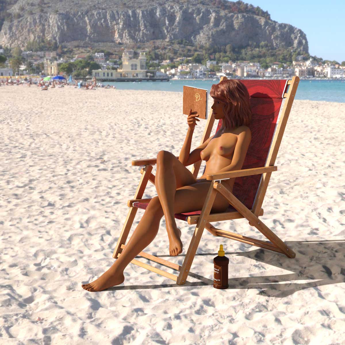 3D rendering of a naked woman on the beach sitting in a chair and reading a book