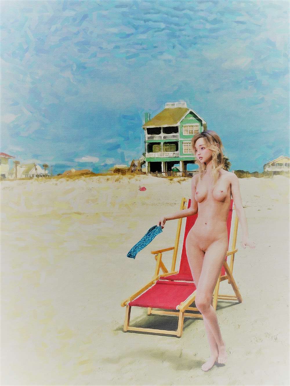 Naked girl on beach with a blue cloth band in her hand