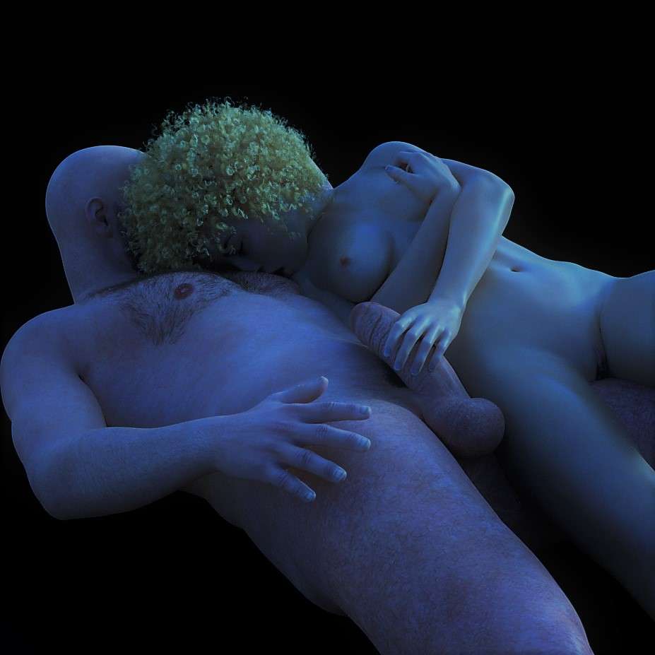 naked woman and naked man lying together with her hand on his cock