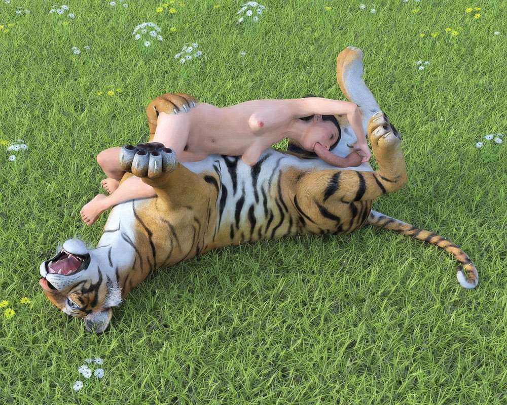 naked woman sucking a tiger’s strangely human cock