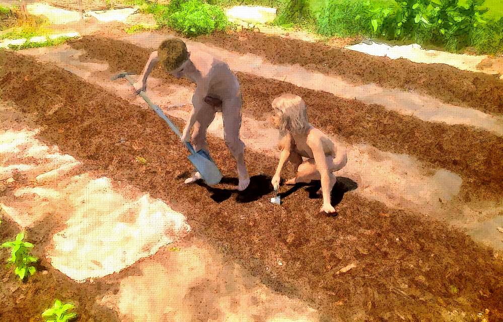 Naked boy and naked girl working a garden